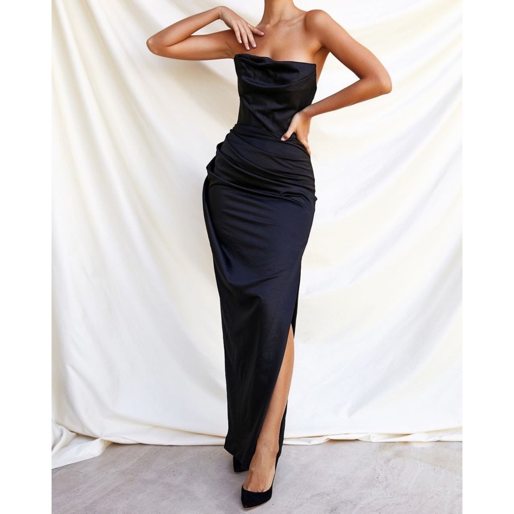 House of CB Black Strapless Ruched Maxi Dress